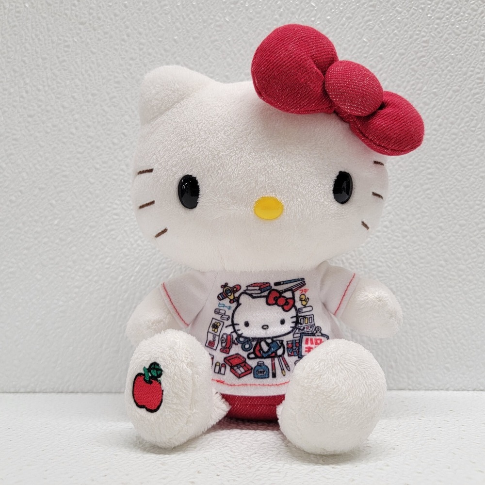 2013 Sanrio Hello Kitty Plush In School Shirt Apple On Foot With Red Bow 8"